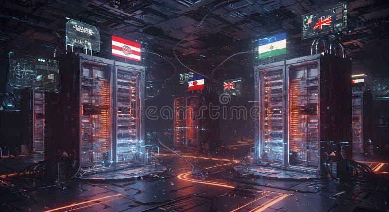 Global Data Center Network: Futuristic Server Room with International Flags Displayed on Screens, Highlighting International stock illustration