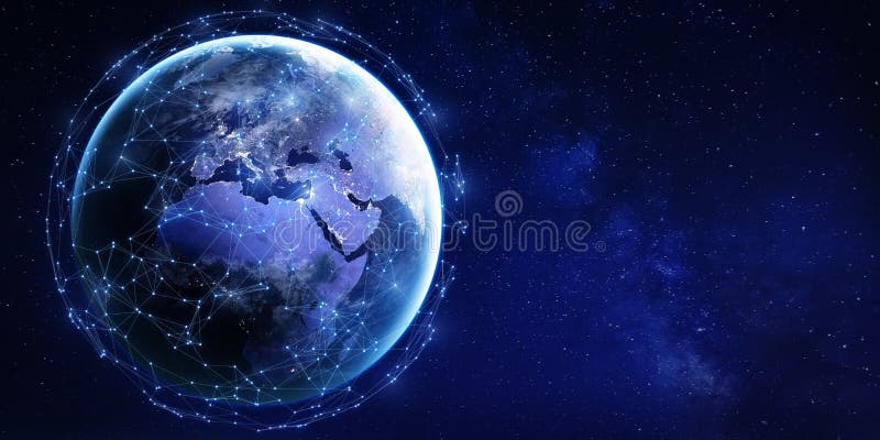 Global data communication network around planet Earth viewed from space with connected grid technology for Internet of Things IoT stock photo