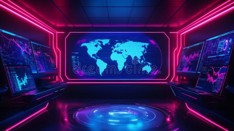 Global Data Control Center Futuristic control room global network data analysis world map display technological innovation stock illustration