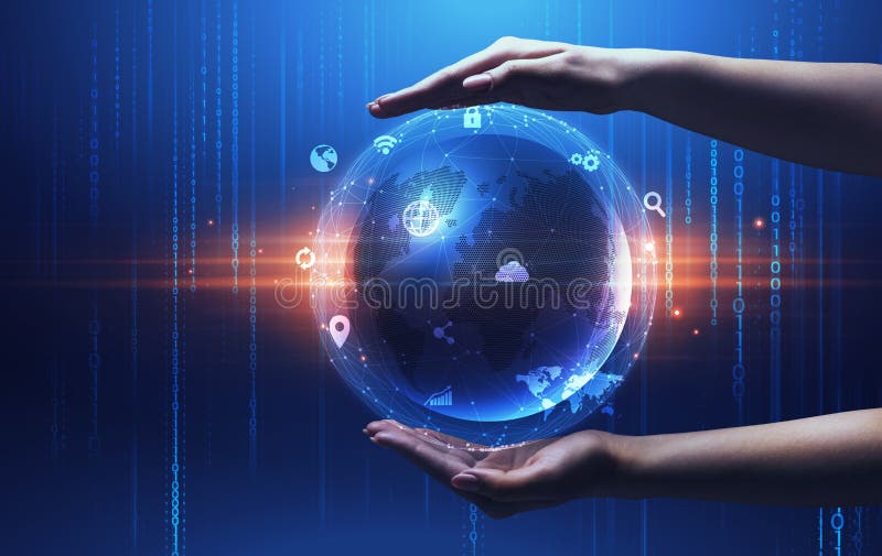 Global Data Management And Modern Technologies. Feamle Hands Holding Digital Globe stock photo