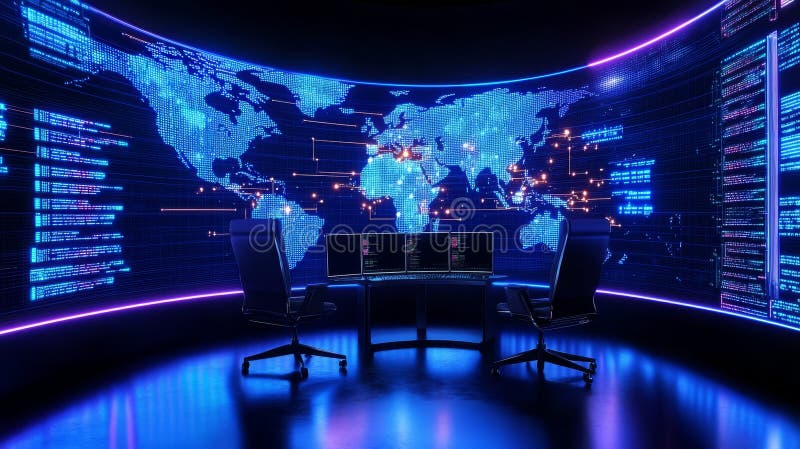Global Data Monitoring Control Room Futuristic control room global network data analysis world map display cybersecurity stock illustration