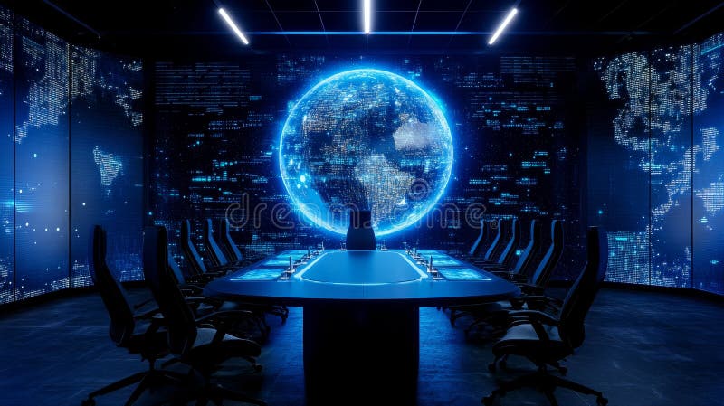 Global Data Visualization Conference Room Futuristic meeting space global network data analysis technology innovation royalty free illustration