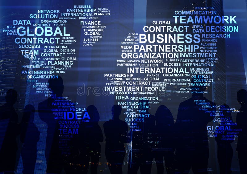 Global economy. Collage with world map composed of business related words, people silhouettes and high rise buildings stock photo Global economy. Collage with world map composed of business related words, people silhouettes and high rise buildings stock photo