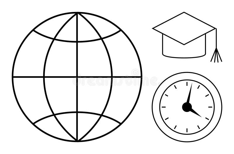 Global Education Concept with Graduation Cap, Globe, and Clock vector illustration