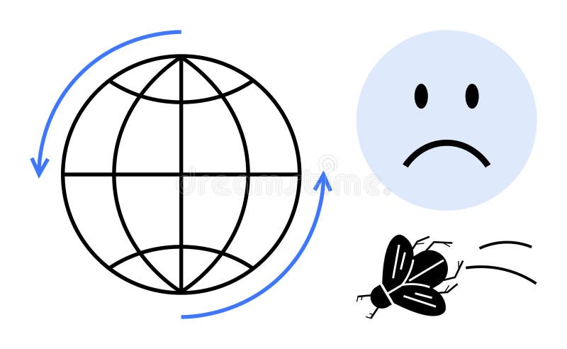 Environmental issues. A globe with arrows, a sad face, and a flying insect symbolize global environmental concerns. Environmental issues affecting ecosystems. For climate change, biodiversity loss. Biodiversity loss icon illustrations