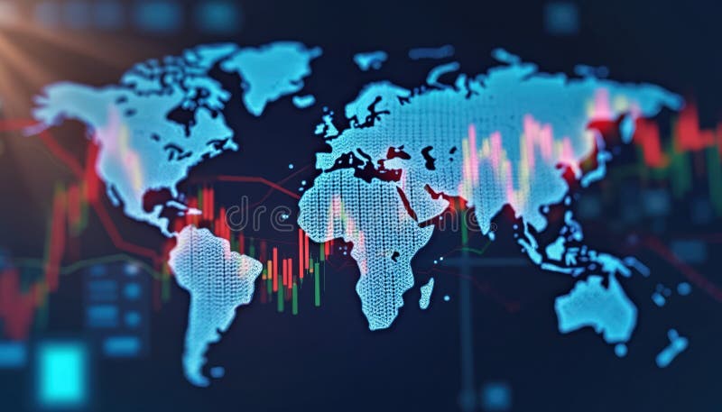 Global financial markets visualized on world map with dynamic data analytics trends, graphs, bright colors. Abstract stock illustration