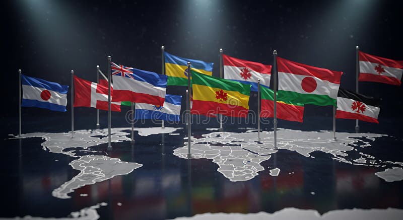 Global Flags on World Map: International Unity and Cooperation vector illustration