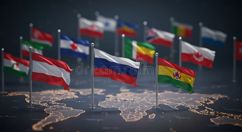 Global Flags on World Map: International Unity and Diplomacy royalty free illustration
