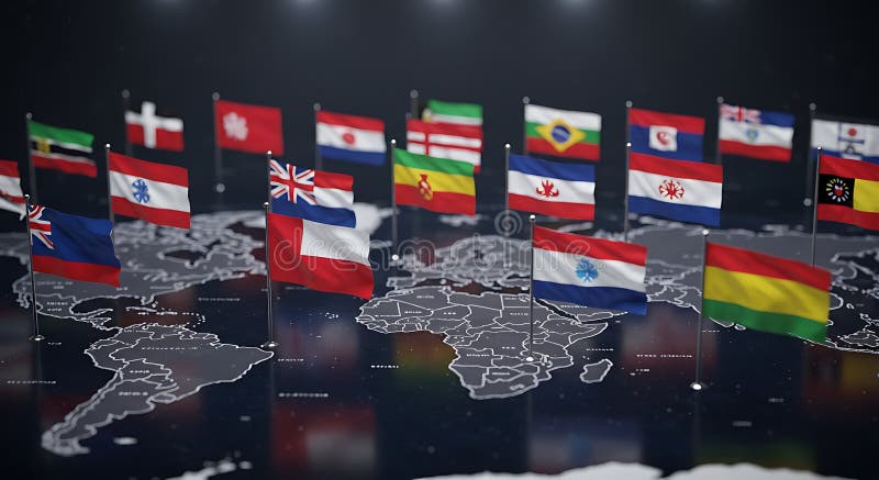 Global Flags on World Map: International Unity and Diversity stock illustration