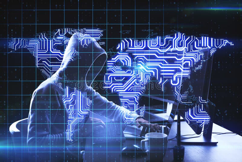 Global hacker attack concept with coding noface hacker and digital microchip world map scheme at programming screen background