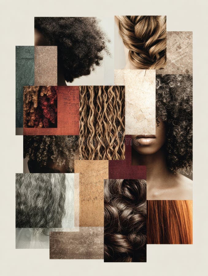 Global Hairstyles and Textures Collage Featuring Diverse Styles and Colors in a Framed Design for Creative Expression royalty free stock photography