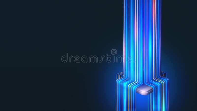 Global information flows, big data analytics. Stream of digital beams flowing around the central processor vector illustration