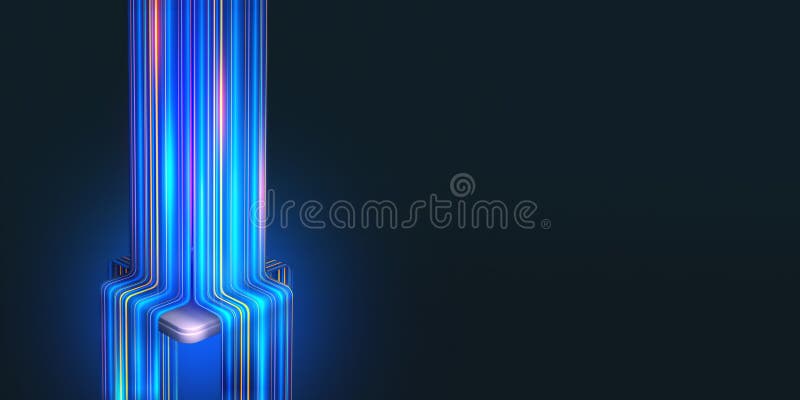 Global information flows, big data analytics. Stream of digital beams flowing around the central processor royalty free illustration