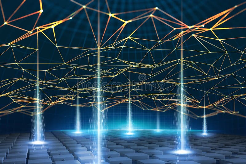 Global information network is based on Blockchain technology. Visual concept of data processing and storage. Decentralized databas stock illustration
