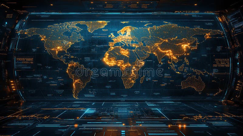 Global interaktiv karta som visas på den framtida instrumentpanelen med dataströmmar i bakgrunden. Teknikdata för möjlig användnin stock illustrationer