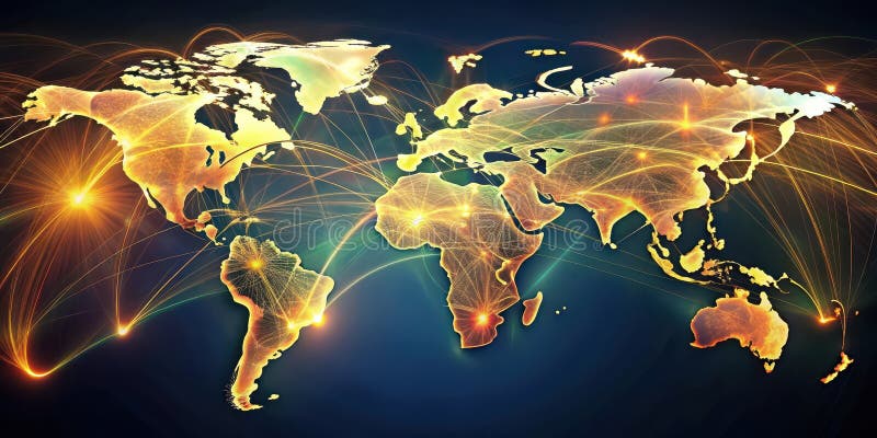 Global interconnectivity a network of illuminated pathways across the continents. Generative AI stock illustration