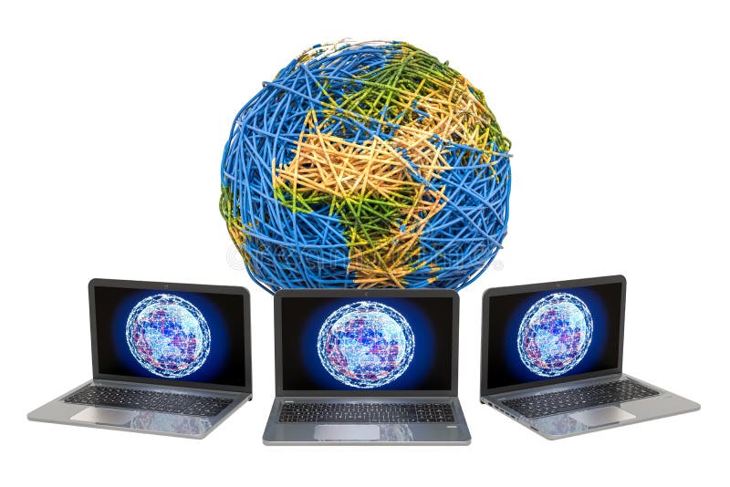 Global internet connection concept. Earth Globe from cable with laptops. 3D rendering vector illustration