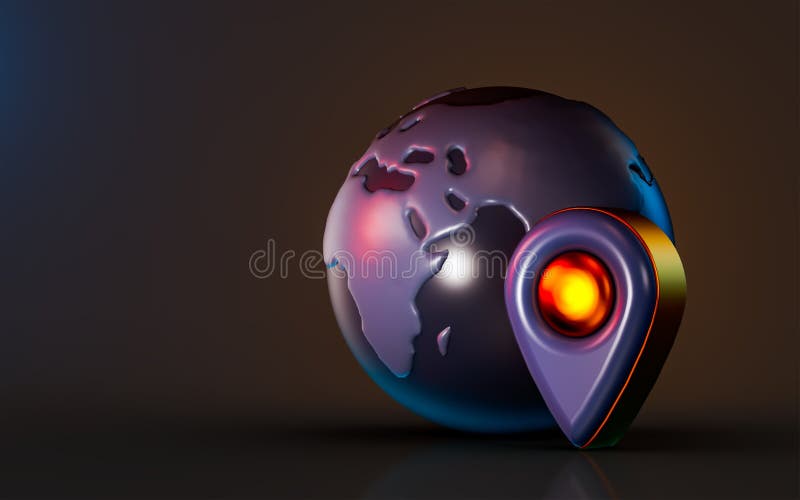 Global location icon on dark background 3d render concept for world different place mark fine out
