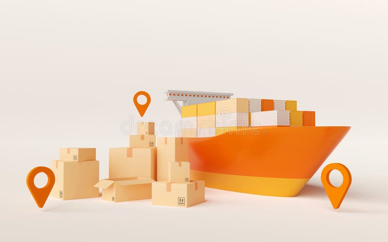 Global Logistics, Cargo Ship with Parcel Box Stock Illustration