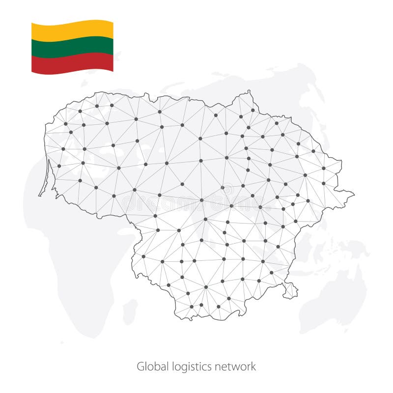 Global logistics network concept. Communications network map of Lithuania on the world background. Map of Lithuania with nodes i stock illustration Global logistics network concept. Communications network map of Lithuania on the world background. Map of Lithuania with nodes i stock illustration