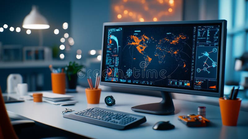 Global Marine Data Mapping Station Ocean depth profile analysis marine research data visualization global network stock illustration
