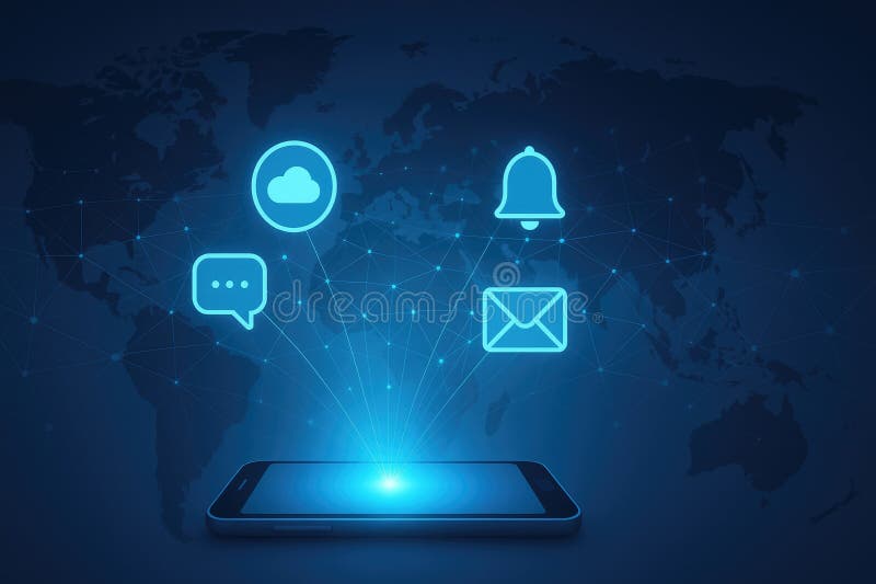 Global mobile communication network technology. neon Icon Notification, Message, mail royalty free illustration