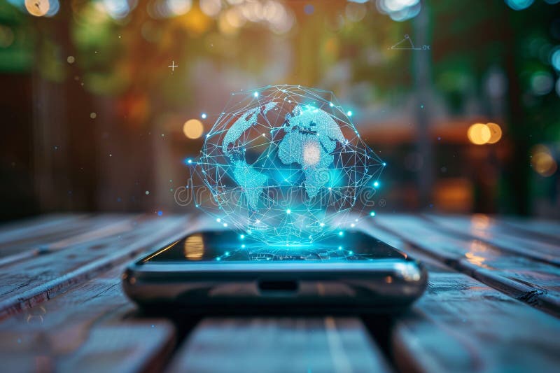 Global mobile internet communication and smartphones show global cloud services, hologram interface on wood table by Generative AI stock illustration