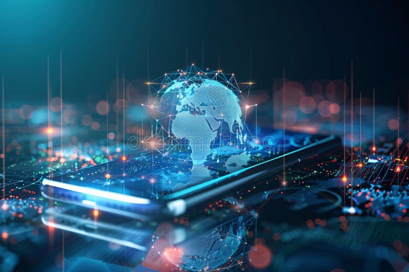 Global mobile internet communication and smartphones show global cloud services, hologram interface on wood table by Generative AI royalty free illustration