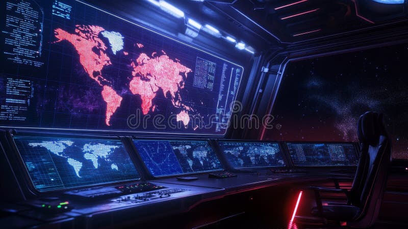 Global Monitoring Control Room Futuristic control room global network data analysis world map display technological royalty free illustration