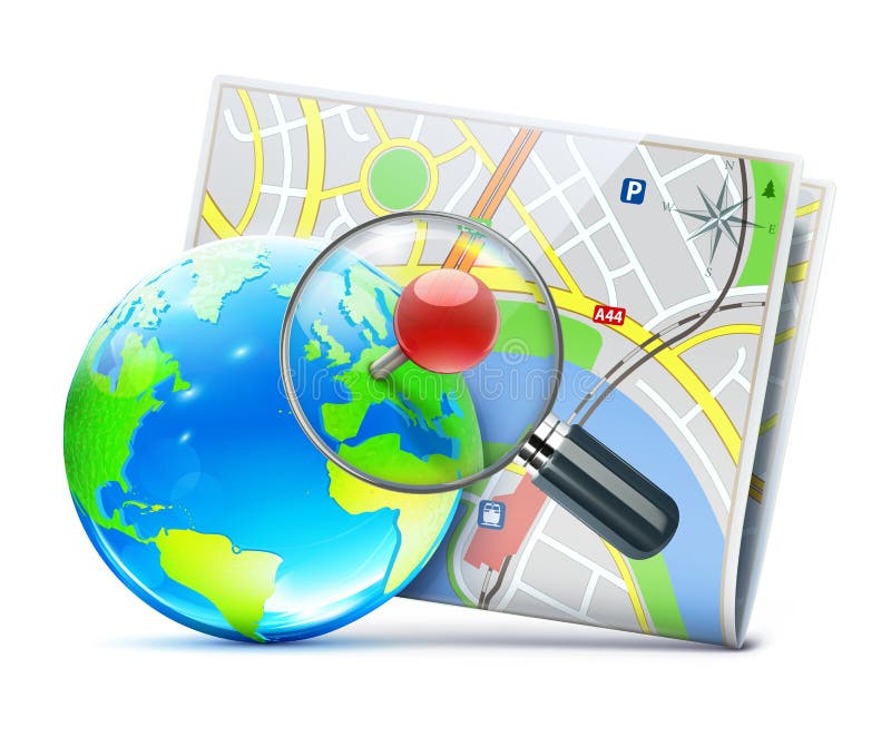 Vector illustration of global navigation concept with city street map, blue glossy earth globe and magnifying glass over it