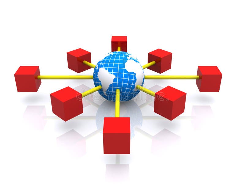 A three-dimensional illustration of a circle of red boxes connecting to a world globe in the center. Theme: Global networking