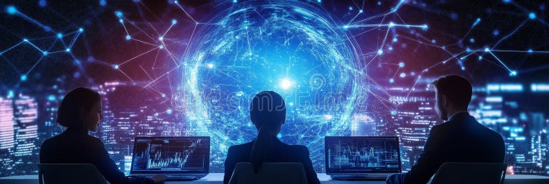 Global Network Analysts at Work Three analysts monitor a glowing digital globe representing global network activity data vector illustration