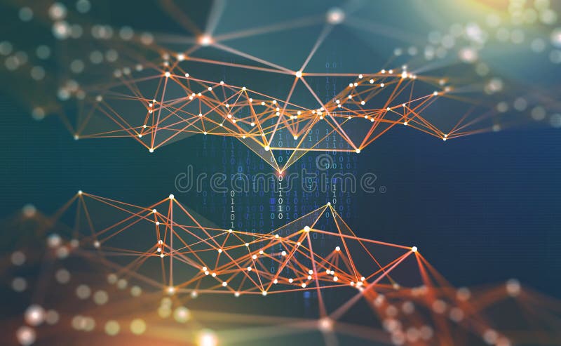 Global network. Blockchain 3D illustration. Neural networks and artificial intelligence. Concept of cyberspace vector illustration