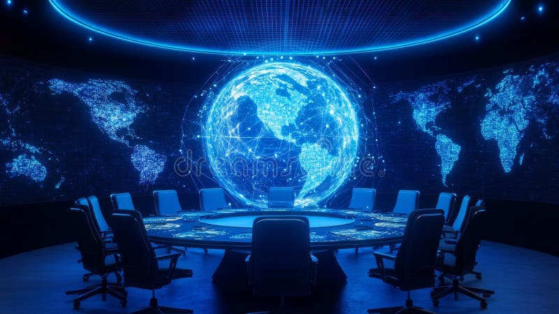 Global Network Conference Room Visualization Futuristic meeting space global data visualization network connections stock illustration