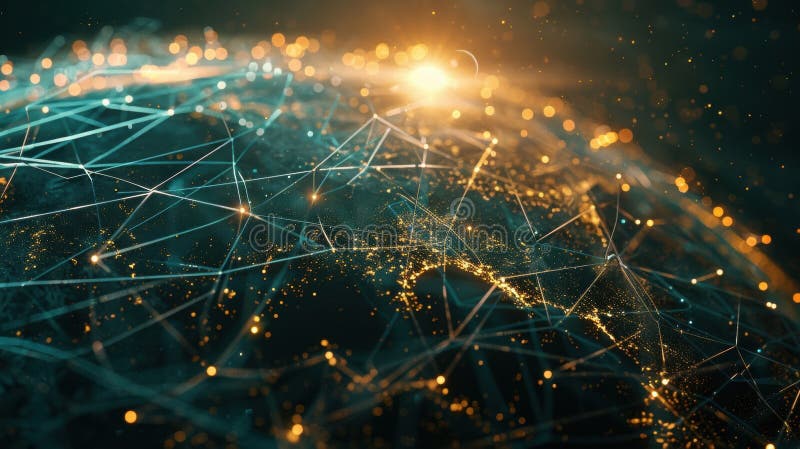 Global network connecting world with data flow and light beams royalty free stock photos