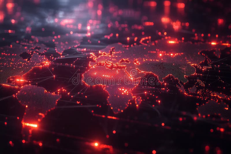Global network connecting world map with red glowing dots and lines stock illustration