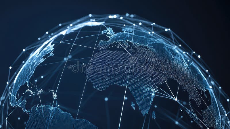 Digital earth globe displaying a vast interconnected network of light points and lines, representing global communication, technology, and data exchange across continents. Blockchain network analysis stock images, royalty-free photos and pictures
