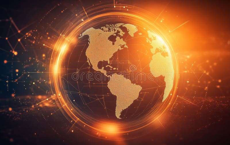 Global Network Connection Digital Earth Orange Glow map data dots grid dark fire warm gold stock illustration