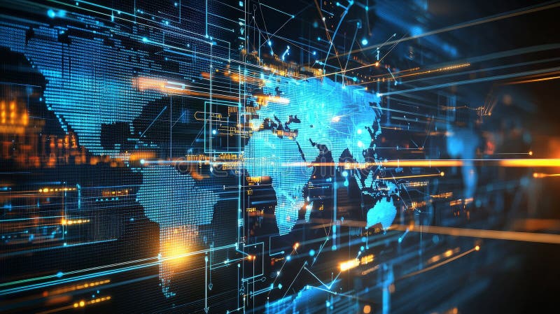 Global network connection, digital world map with data streams. Global network connection map stock images, royalty-free photos and pictures