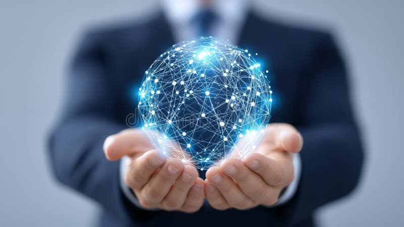 Global Network Connection in Hands Businessman holding a glowing sphere representing global network connections and vector illustration