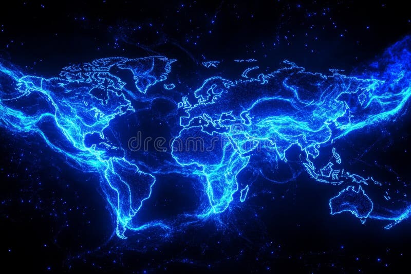 Global Network Connection Map Abstract glowing blue world map illustrating global connectivity and network stock illustration