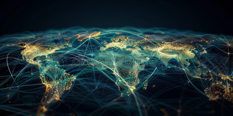 Global Network Connections - Digital World Map with Glowing Lines stock illustration