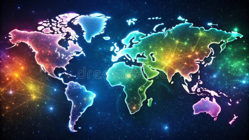 Global network connections illuminated on a cosmic map. Generative AI stock illustration