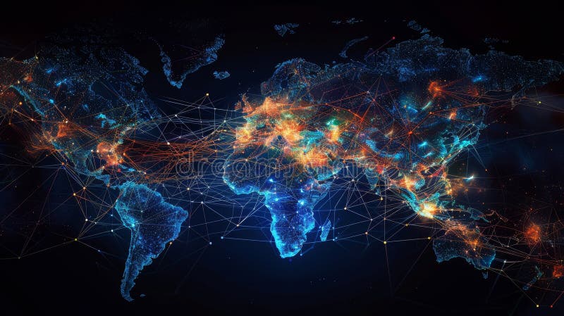 Global Network Connections: Illuminated World Map with Data Points vector illustration