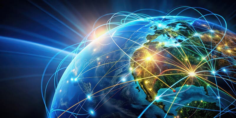 An artistic representation of global network connections illuminating worldwide communication and data exchange. Generative AI