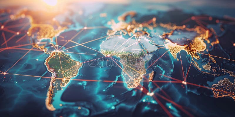 Global Network Connections on a World Map with Glowing Lines and Nodes. A world map with glowing lines and nodes illustrating global network connections and international communication. Generative AI