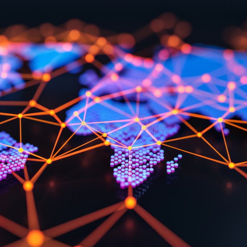 Global network connectivity - abstract world map with interconnected nodes and lines representing communication, data flow, and vector illustration