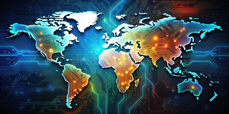Global network connectivity a futuristic world map illustration. Generative AI stock illustration