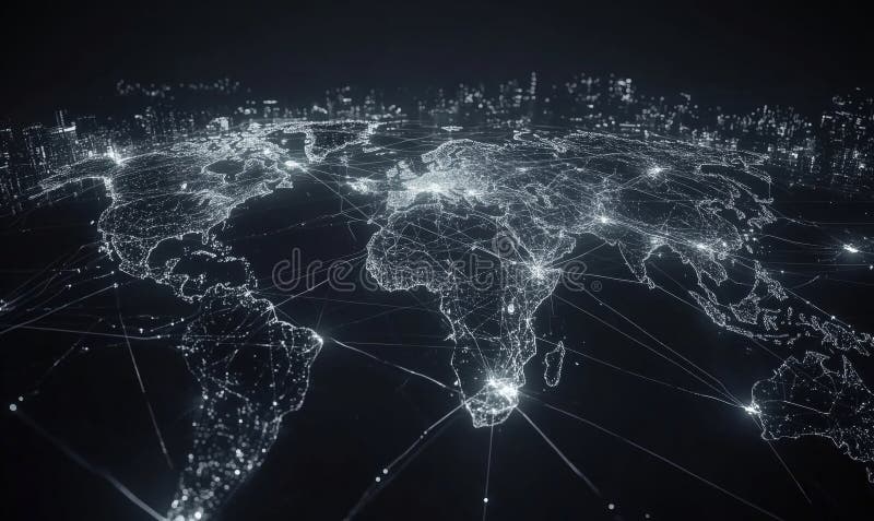 Global Network Connectivity Visualization, Digital World Map with Illuminated Connections, Data Flow and Communication royalty free stock photos