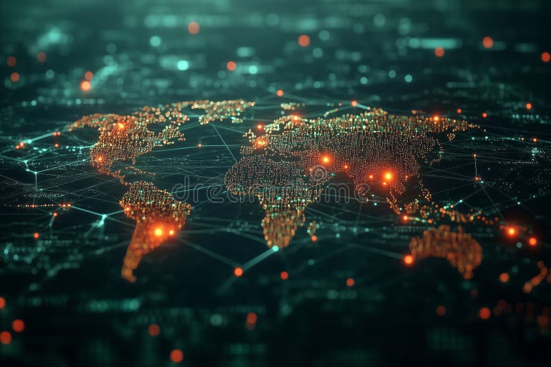 Global network and data exchange, world map showing connections and information flow royalty free illustration